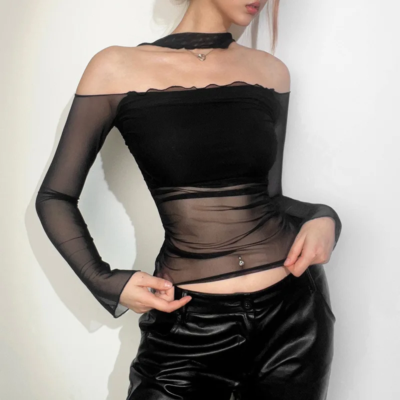 Y2K Aesthetic Sexy Elegant Streetwear Mesh Transparent 2023 New Summer T Shirts Women Long Sleeve Slim Casual Female Tees