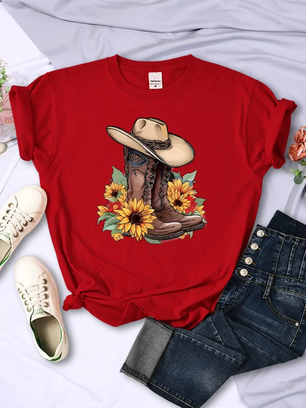 Cartoons Women T-Shirts Cowboy Riding Boots & Sunflowers Printed Tees O-Neck Comfortable Soft Short Sleeve Summer Female Clothes