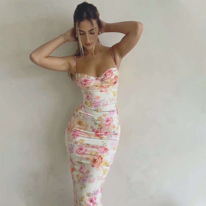 

2025 Summer Fashion Print Slim Fit Sexy Halter Suspender Dress Cross-border Foreign Trade European Beautiful Woman Bodysuit