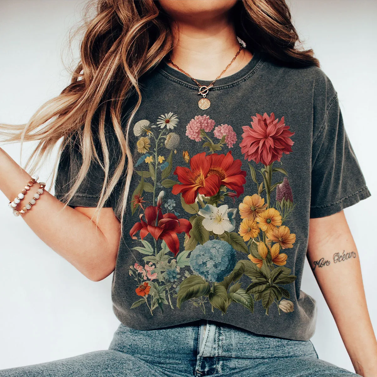 Boho Wildflowers Cottagecore Shirt Comfort Colors Retro Cotton Shirt Loose Fantasy Apparel Y2K Top Flowers Gift For Women