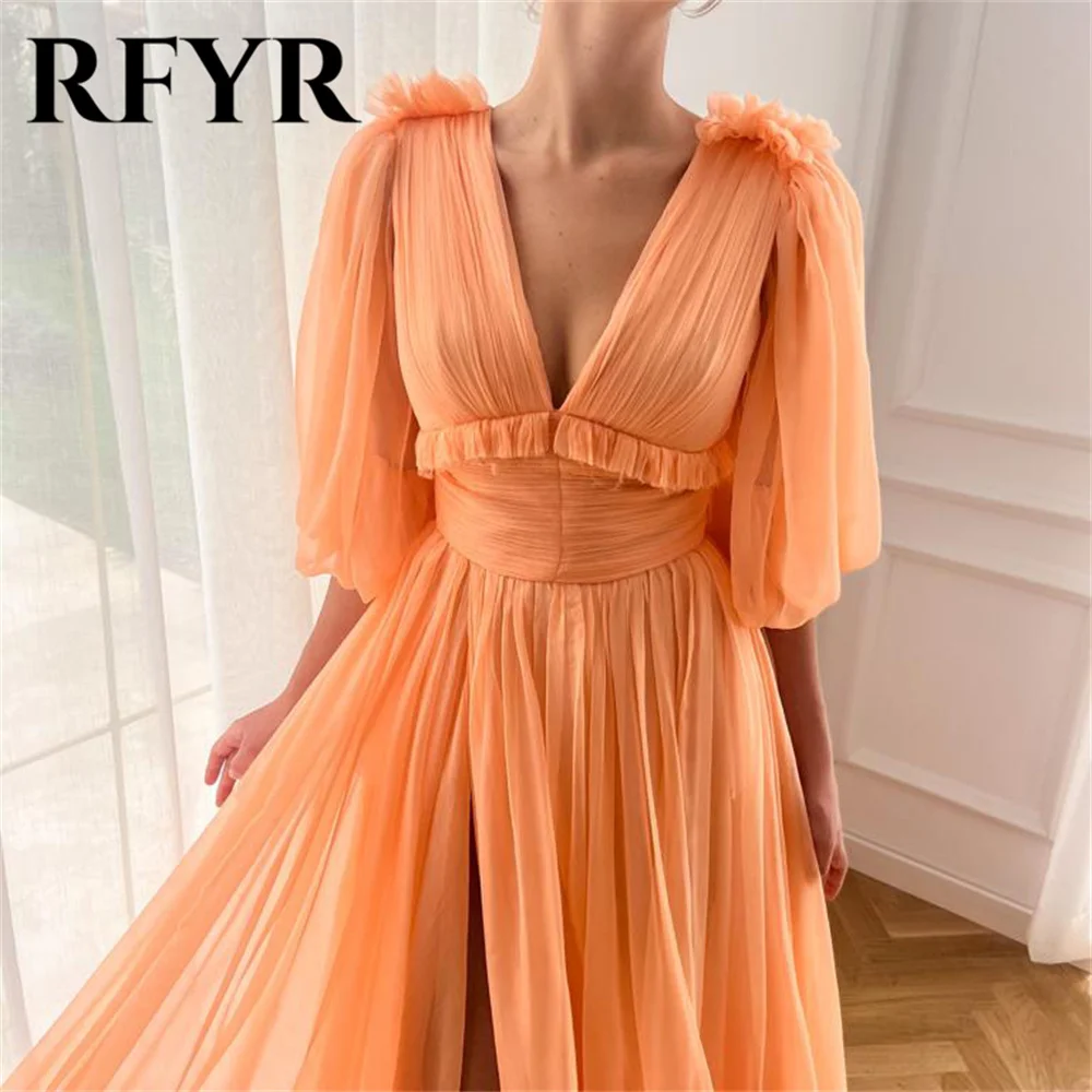 RFYR Orange Chiffion Prom Dress V Neck Celebrity Dresses Women's Evening Dress Puffy Sleeves Formal Gowns 프롬 드레스 Customized