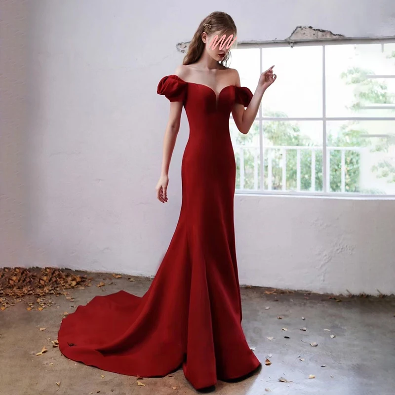 Wine Red Mermaid Wedding Dresses Deep V-neck Puff Sleeve Small Train Vestidos De Novia Simple Elegant Vintage Evening Dress