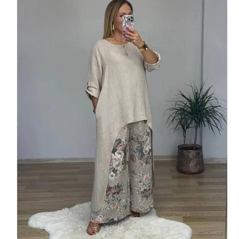 

Loose Casual 2 Piece Sets Women O-neck Long Sleeve Irregular Solid Extended Top Commuting Ladies Wide Leg Floral Print Pants Set