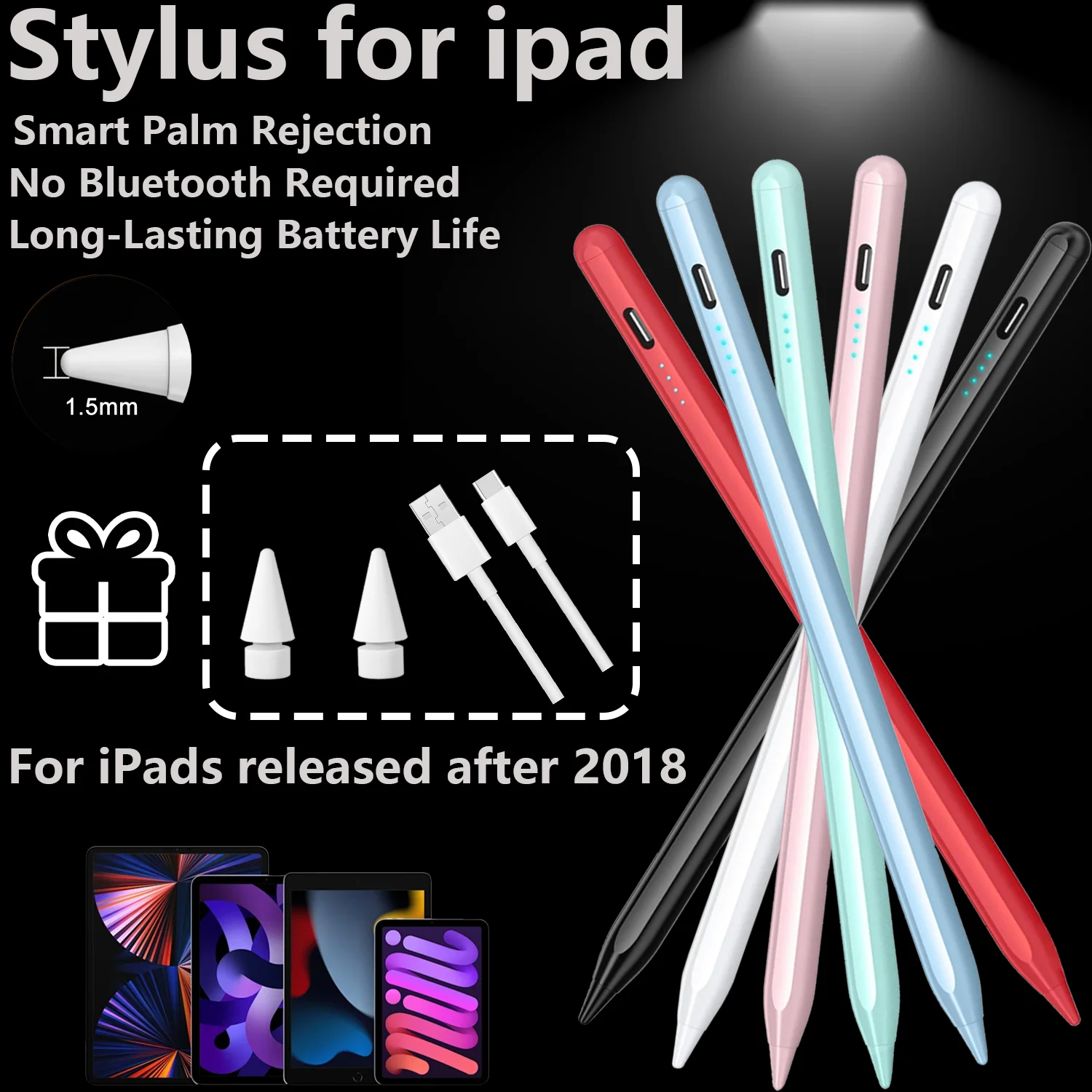 

Перезаряжаемый стилус для iPad 2018+, с функцией предотвращения случайных касаний ладонью, быстрой зарядкой, долговечной батареей и боковым магнитом для надежного хранения