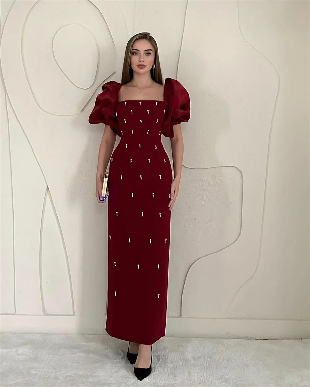 Mila-vestido de fiesta con cuello cuadrado rojo y flores, vestidos de noche lujosos personalizados de manga corta hasta el tobillo, vestidos de fiesta