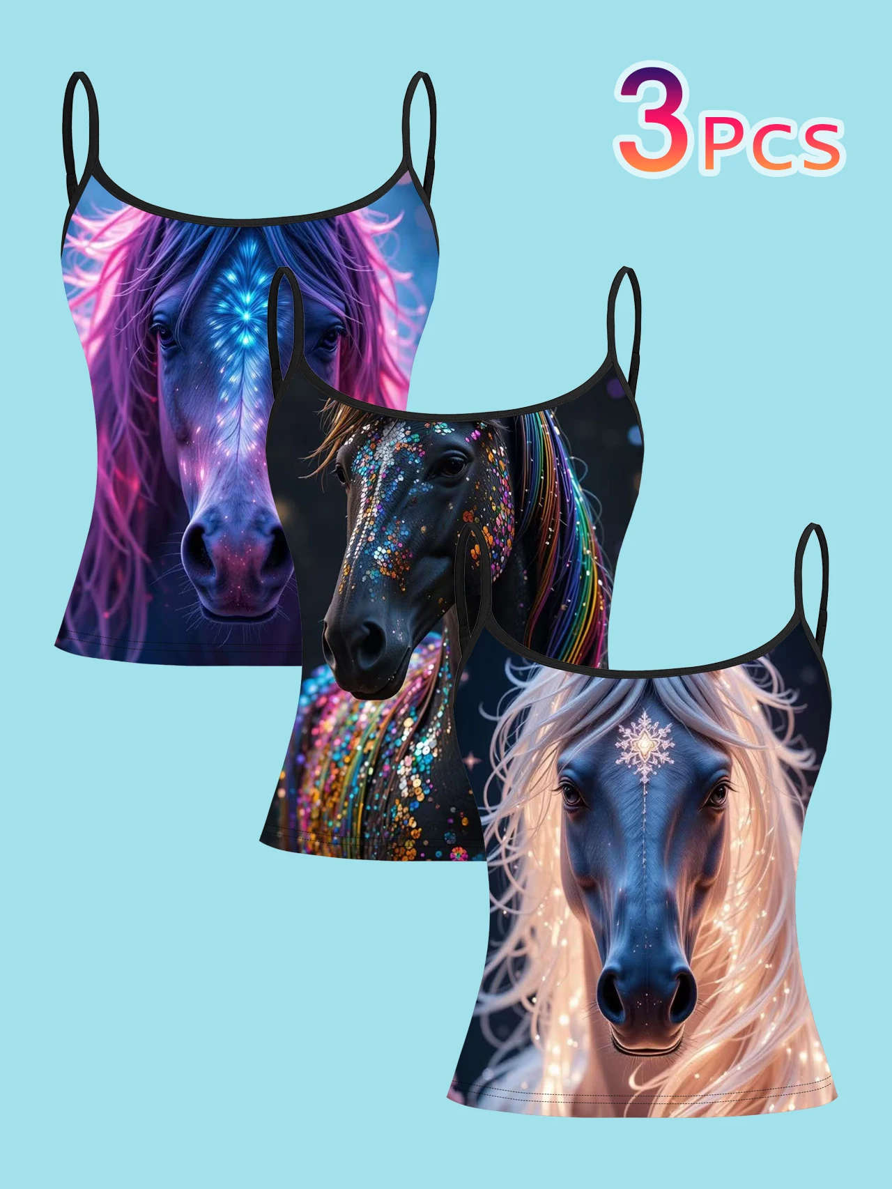 3-Piece Set of Fantasy Luminous Rainbow Horse Print Spaghetti Strap Tank Tops, Purple, Pink, and Blue with Close-Up Sequin Stars, Slim-Fit Sleeveless Tops, Dreamy and Beautiful, Suitable for Layering or Wearing Alone