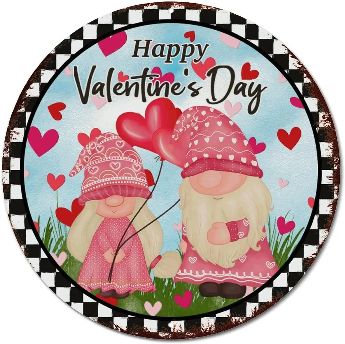 Happy Valentines Day Gnome Love Black White Buffalo Plaid Round Tin Sign Wedding Anniversary Retro Aluminum Metal Sign Wall Plaq