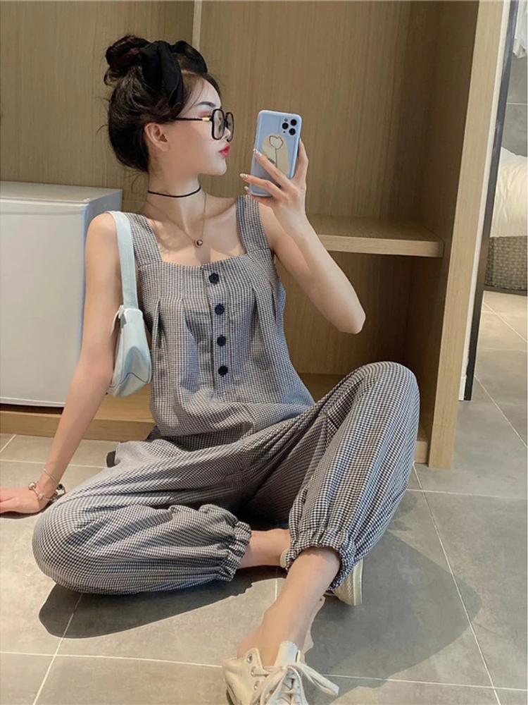 New Summer 2024 Plaid Short Sleeve Suqare Collar Female Bodycon Jumpsuit Full Lengt Rompers Women Jumpsuits Short Sleeve