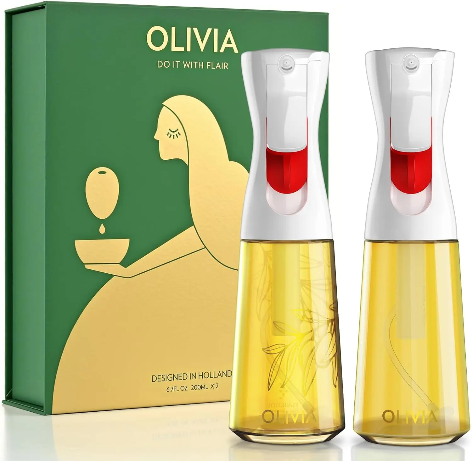 Pulverizador de aceite para cocinar, paquete de 2 pulverizadores de aceite de oliva de vidrio de 200ML, dispensador de pulverización de cocción continua con porción