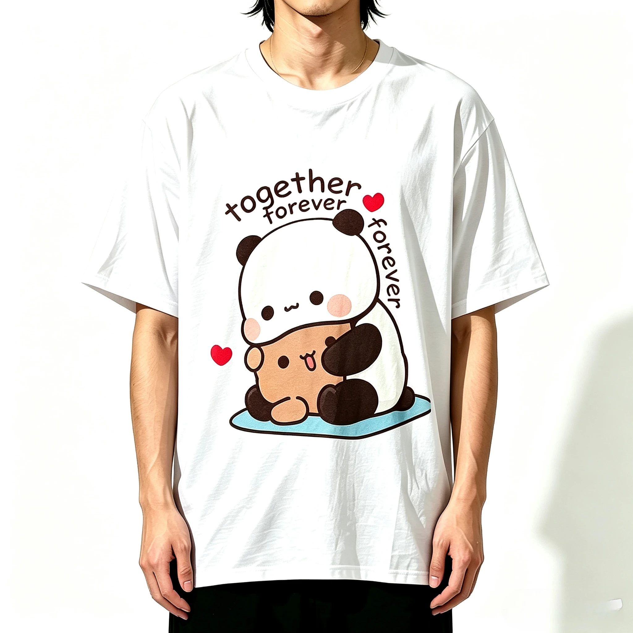 Modal Couple T‑Shirt Cartoon Cute Panda Hug Together Forever Print Unisex Loose Casual Matching Couple Short Sleeve Tee