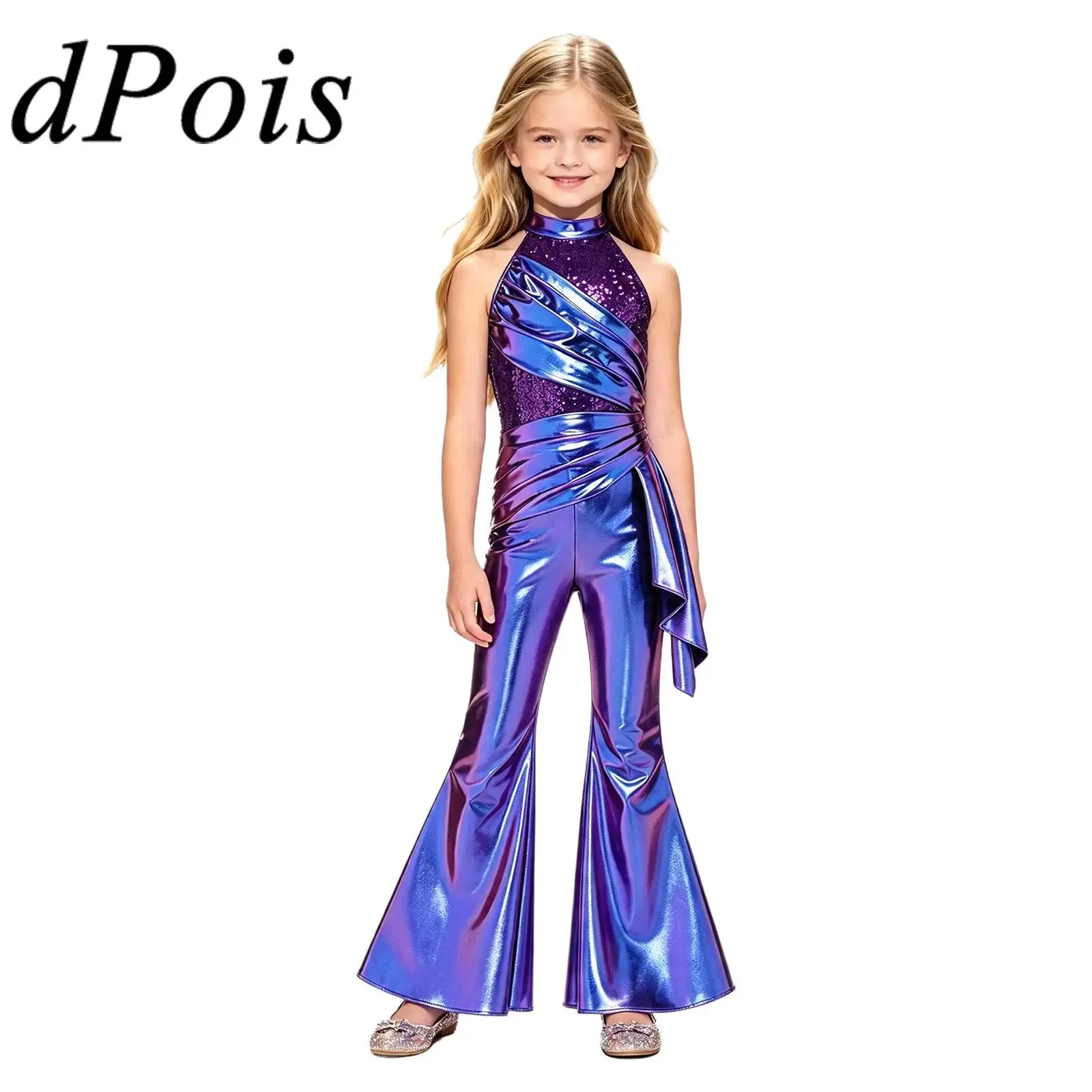 Kids Flared Pants Rompers Music Festival Jazz Dance Costume Girls Halter Sequined Jumpsuit Childs Metallic 70s 80s Disco Outfit