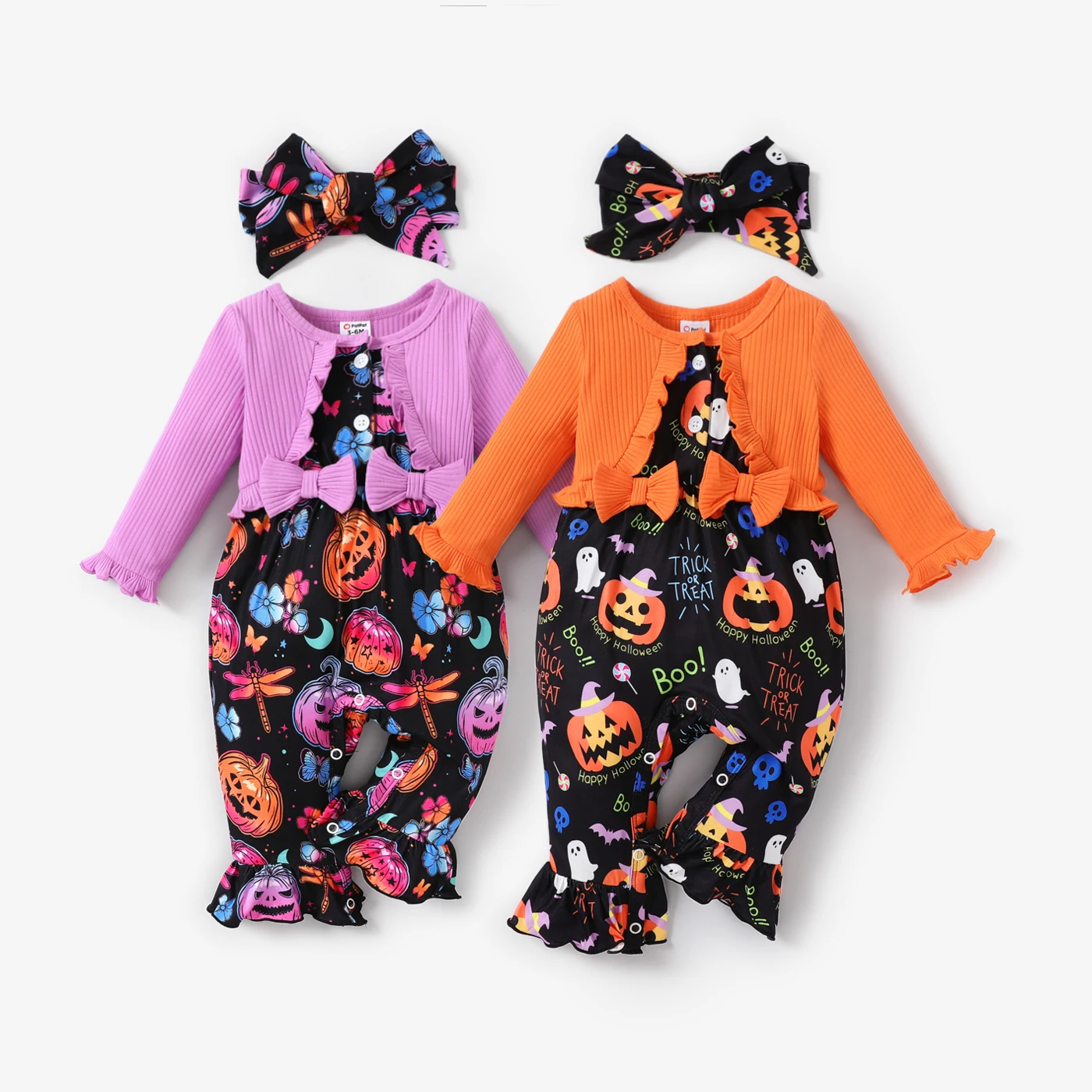 PatPat 2pcs Baby Girl Halloween Childlike Style Ruffle Long Sleeves Jumpsuit Set