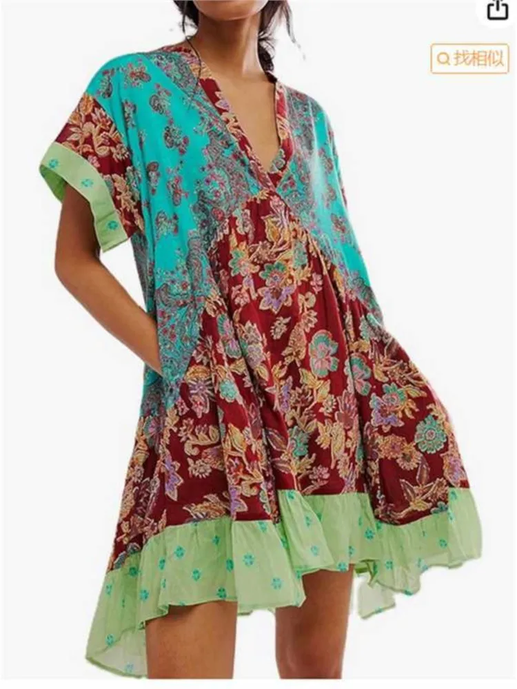 

2025 Women's Summer Loose Short Dress Fashion Floral Print Short Sleeve V-Neck Flowy Dress With Pockets For Vacation Beach Party