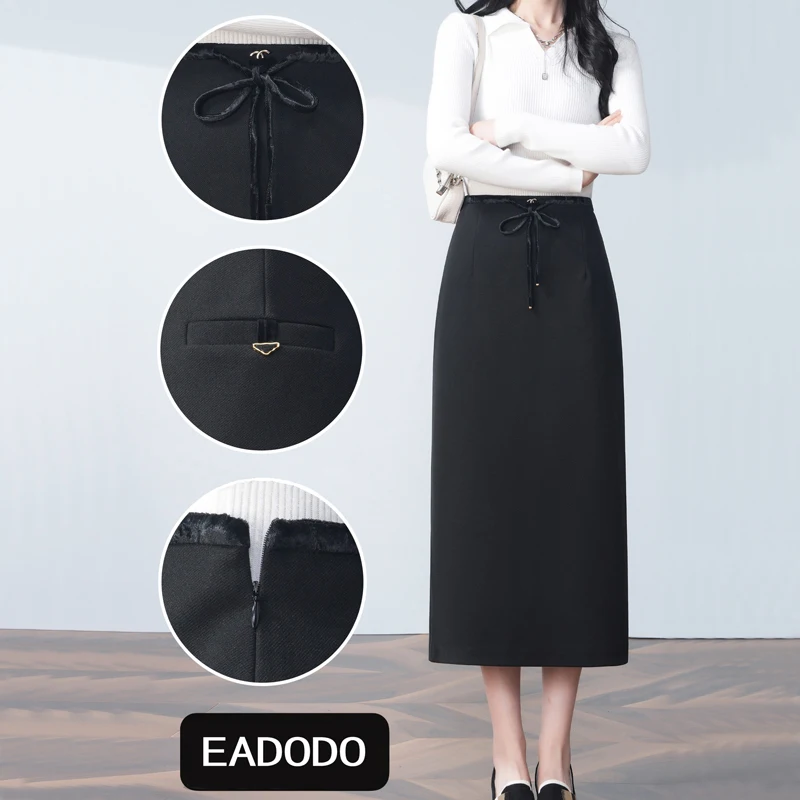 

Mid-Length Skirt, Black Woolen Skirt, Thick Autumn and Winter Skirt, Back Slit, Hip-Hugging, Slimming Women's Skirt