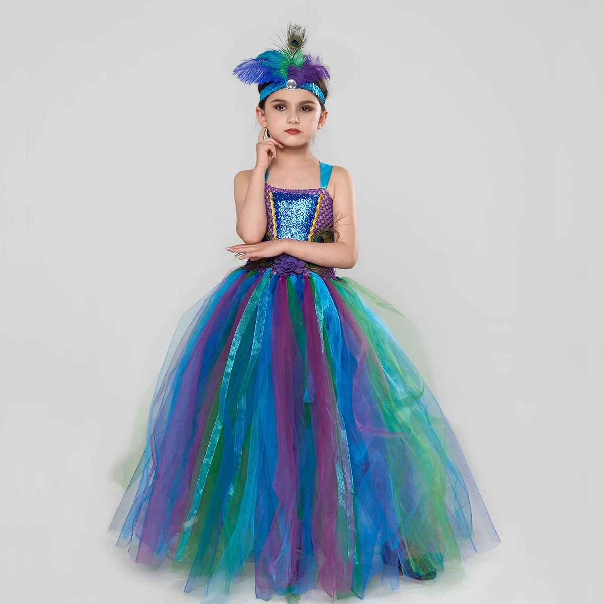 Elegancki kostium z pawich piór dziewczyny Purim fantazyjna paw Tutu sukienka z pałąkiem na głowę dzieci księżniczka korowód Party suknia balowa — zdjęcie 3