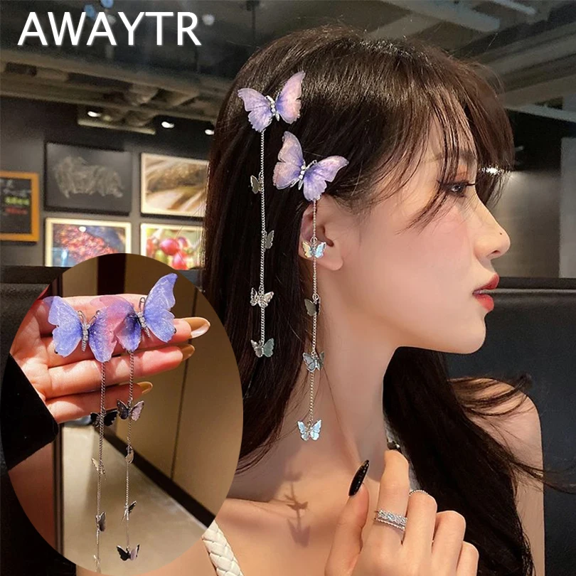 AWAYTR 1-2PCS Blue Butterfly Hairpin Metal Chain Pendant Duckbill Clips for Women Hair Accessories Rainbow Hair Clips Headpieces