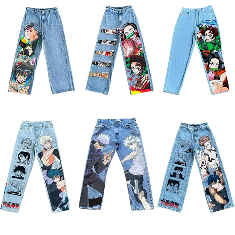 Y2K baggy jeans Anime Harajuku print pattern Vintage Streetwear fashion Hip Hop men women high waisted Casual wide leg jeans