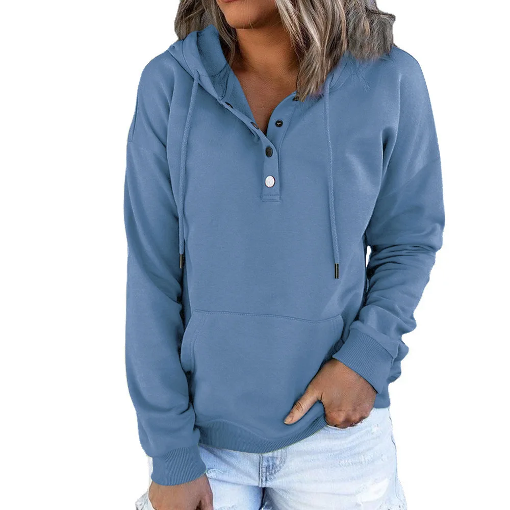 Women's Drawstring Hoodies with Pockets Sweatshirt Button Design Hooded Pullovers Autumn Female Casual Sports Sweatshirt