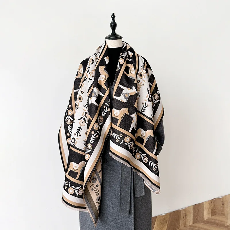 2024 Animal Print Winter Cashmere Scarf Women Thick Warm Shawls Wraps Luxury Brand Horse Printed Pashmina Blanket Cape