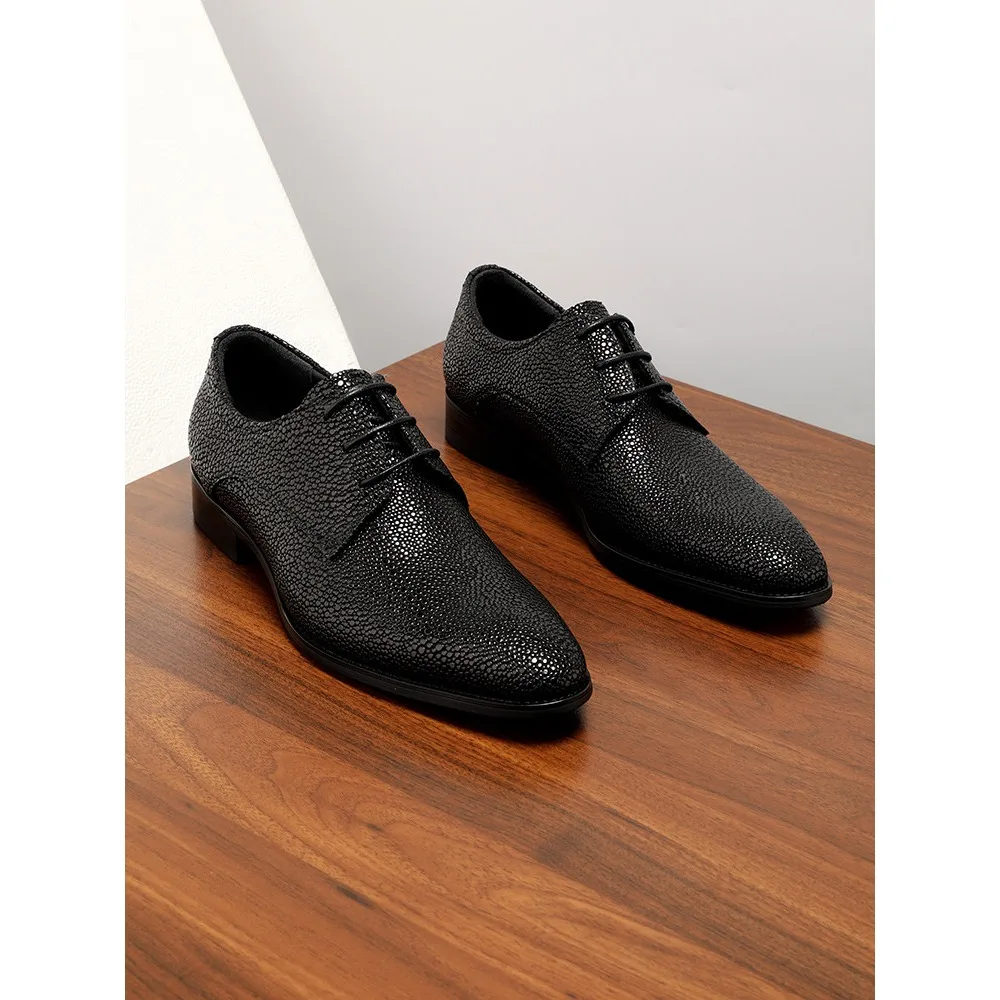 high quality Genuine Leather Pearl Pattern Glossy Men's Dress Shoes British Style Pointed Toe Lace Up Business Casual  Shoes