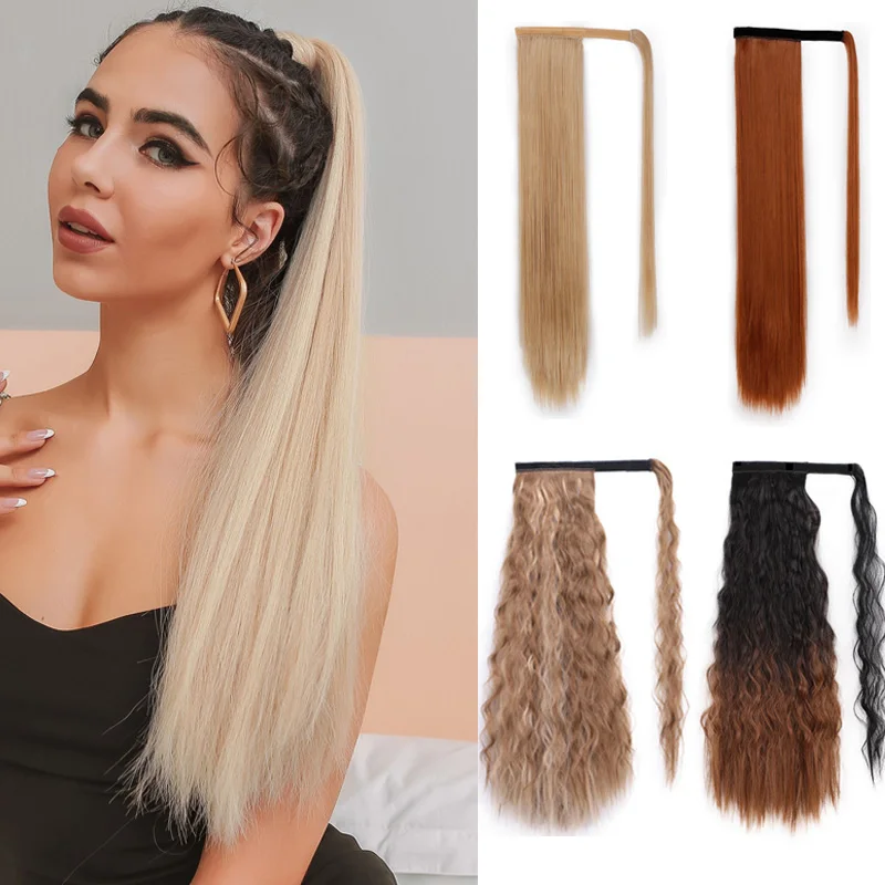 

Synthetic Long Straight Ponytail Wrap Around False Hair Extensions for Women Natural Hairpiece Black Blonde Fake Hair Horse Tail