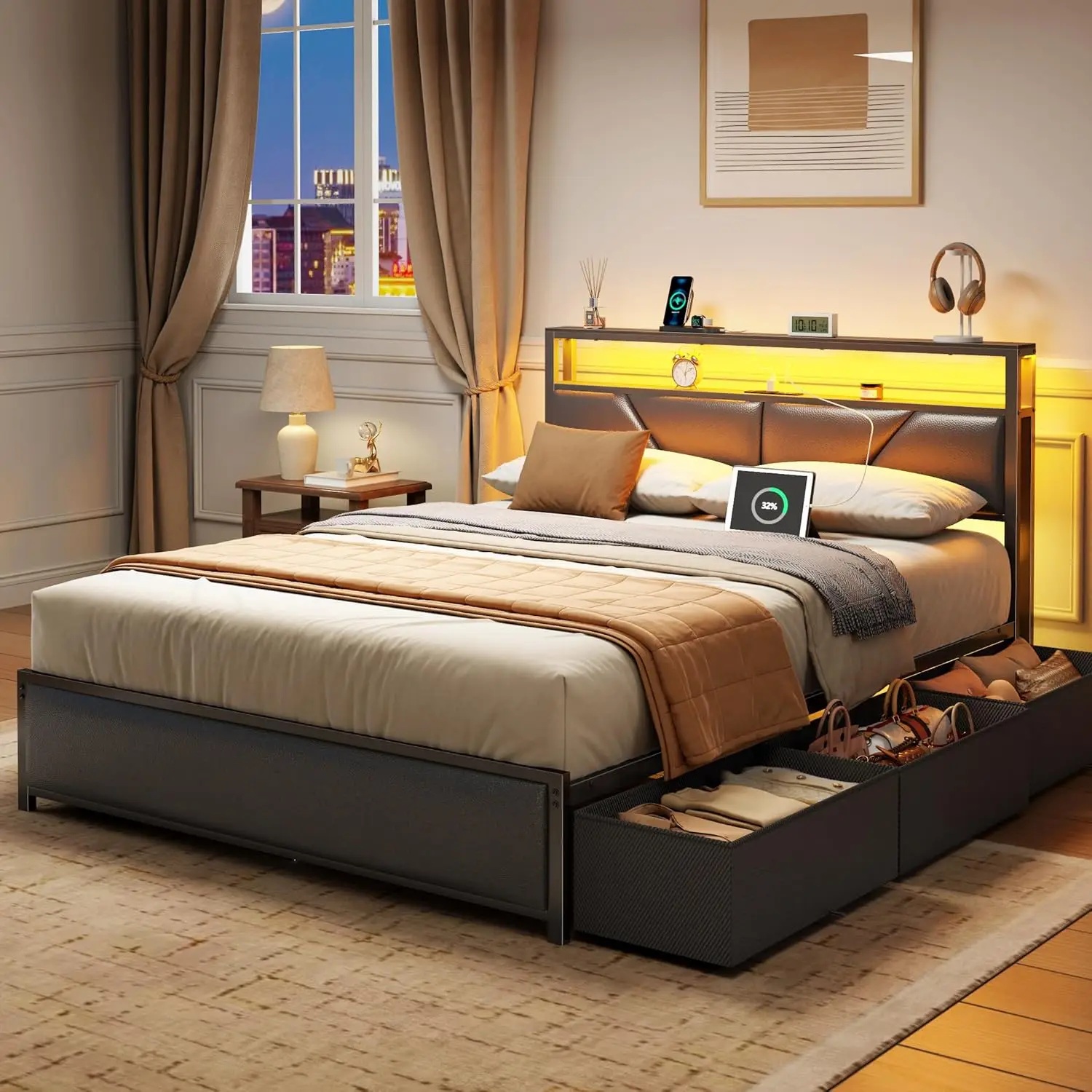 Queen Bed Frame with Storage Headboard and 6 Drawers, Metal Platform Bed Frame Queen Size with Charging Station and, Customized