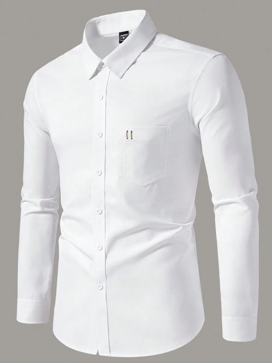 

Men's Classic White Long Sleeve Button-Up Shirt with Chest Pocket