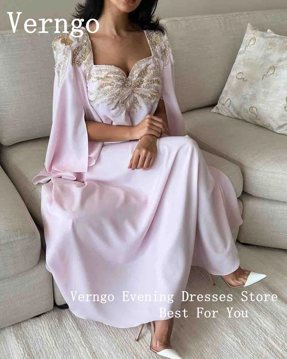 Verngo Pink Chiffon Prom Gowns Simple Sequined Formal Occasion Dress For Women Saudi Arabic A Line Party Dress