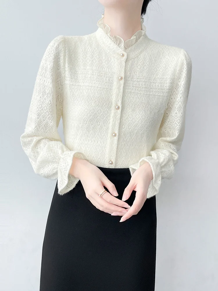 

Корейский трикотажный женский топ на подкладке с длинным светом и воротником-стойкой, кружевной отделкой, внутренний слой, базовый слой, топ на осень...