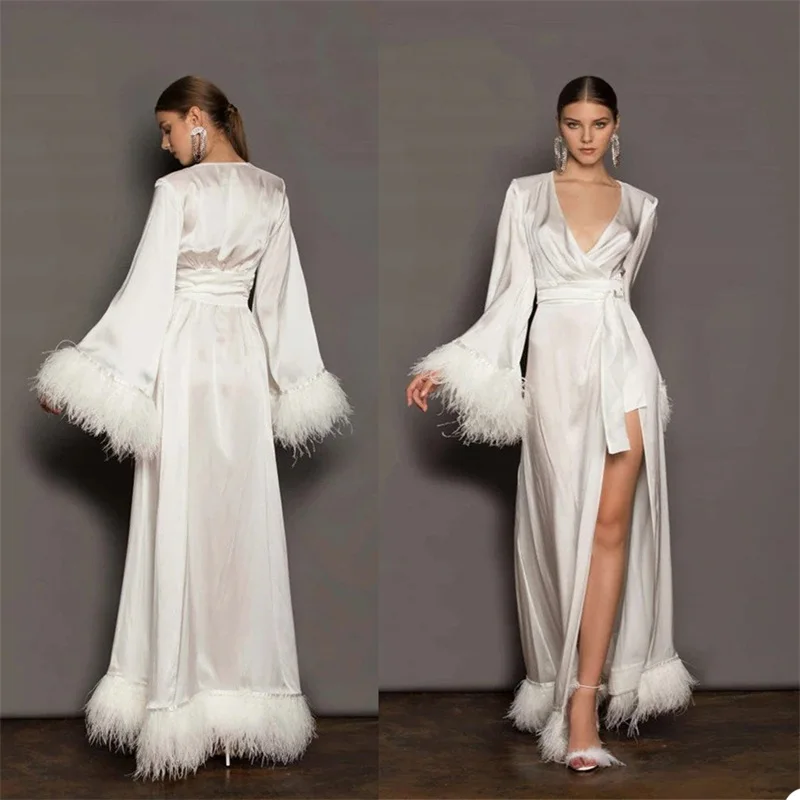 Sexy White Bathrobe Women Feather Split V-Neck Long-sleeves Nightgown Pajamas Sleepwear Women's Luxury Gowns Housecoat Nightwear