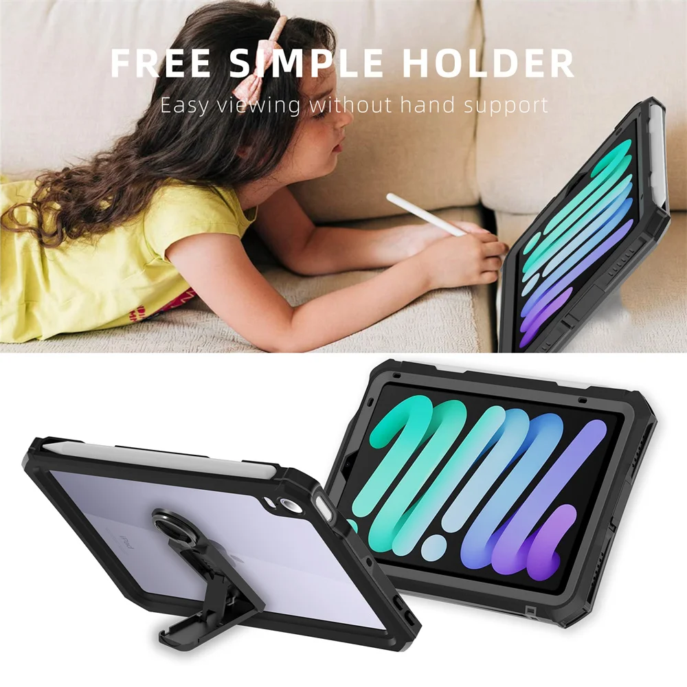 Shellbox Waterproof Case for iPad mini 7 mini 6 mini 5 MINI 4 Dustproof Swimming Outdoor Beach Shoulder Girdle TPU+PC Clear Case
