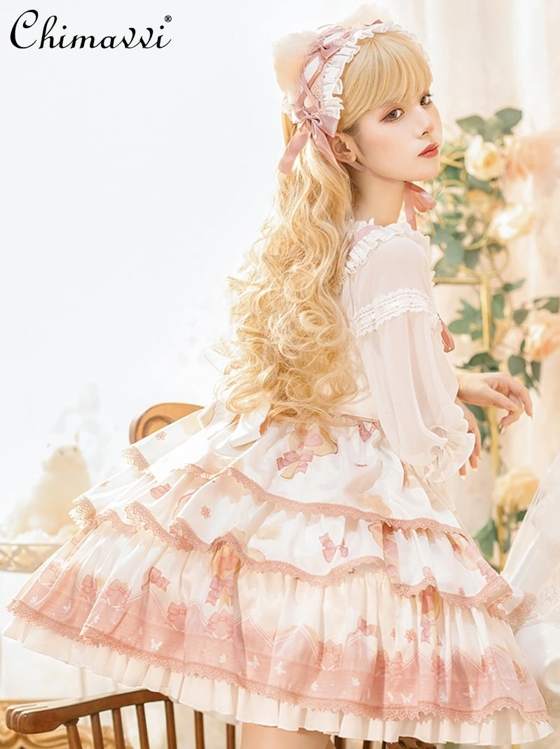 

Sweet Cute Bow Lolita Dresses2024 Summer New Girly Style Women's High Waist Slim Temperament Short Kawaii Ladies JSK Dress