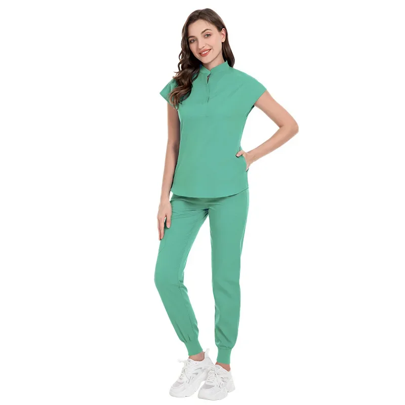 Tops + calça uniforme médico cirurgia esfrega camisa de manga curta pet shop médico enfermeira conjunto uniforme de enfermagem feminino workwear esfrega