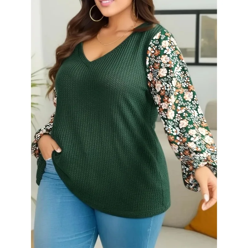 Plus Size 1XL-5XL Women\'s Waffle Patchwork Ditsy Floral V Neck T-Shirt Long Sleeved Casual Top