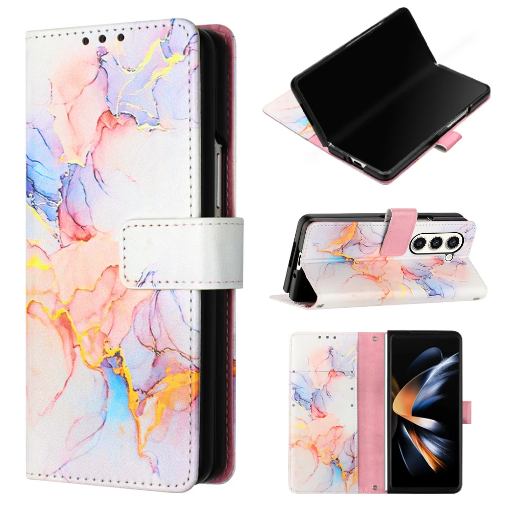 10pcs Marble Patterns Wallet PU Leather TPU Phone Cases Case For Samsung Galaxy Z Fold 6 5 4 Flip