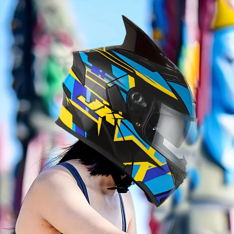 

Full Face Motorcycle Helmet with Horn, Unisex Modular Motor Helmet, Adjustable Vent, Impact-Resistant Riding Gear