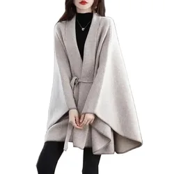 Women's Cape Shawl Coat 2024 New Female Knitted Jacket Mid Long Cardigan Autumn Winter Thick Knitted Sweater