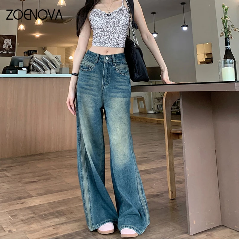 ZOENOVA Fashion Women's Jeans Summer Casual Straight Loose High Waist Retro Nostalgia Contrast Y2K Floor Mopping Wide Leg Pants