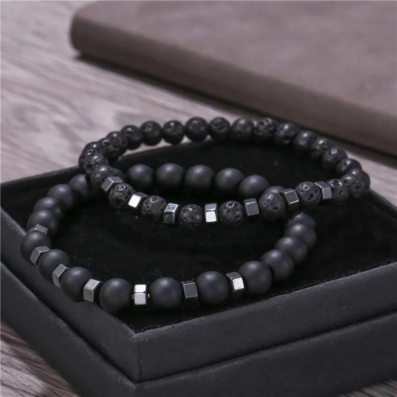 2pcs/set Beaded Bracelet Men 8mm6mm Volcanic stone Bead Charm Men Bracelet Sets Jewelry Gift Pulsera Hombre