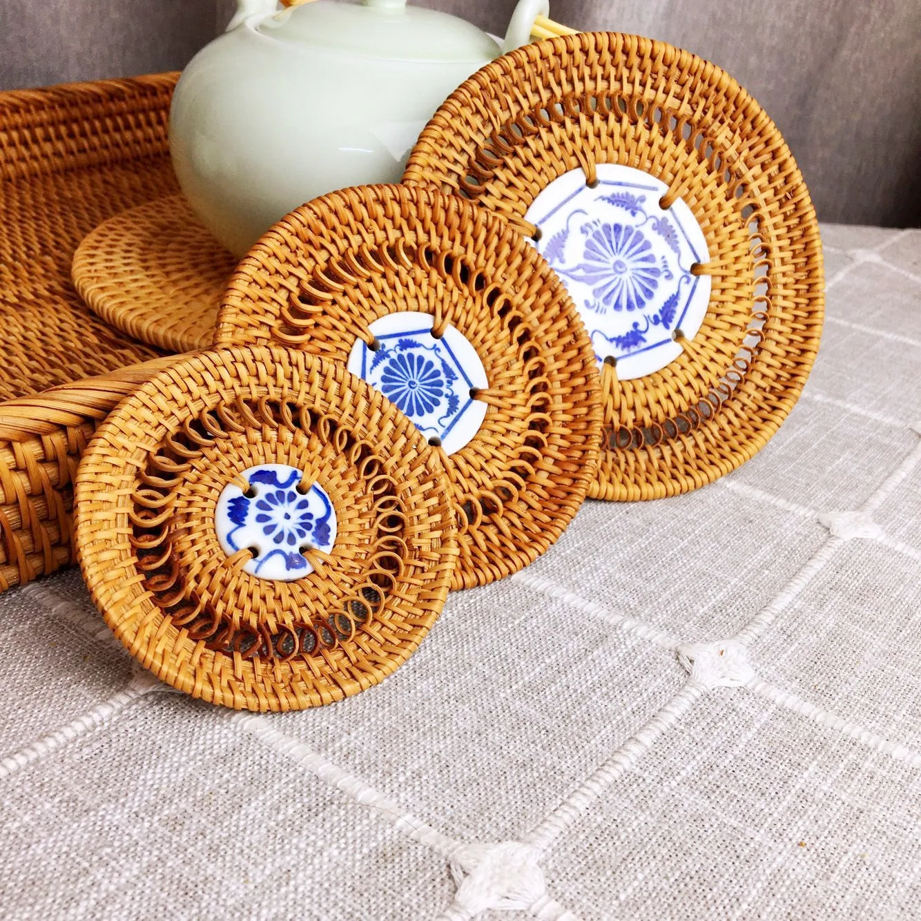 6Pcs/Set Cup Mat with Holder Handwoven Rattan Coasters -Cup Base Plates & Dishes Insulated Hot Pads Pot- Dining Room Kitchen Acc