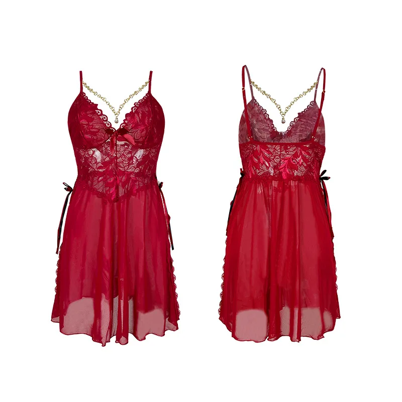 

Sexy Mesh See-through Nightgown With Metal Chain Decoration Deep V-neck High Slit Strap Dress Available In Multiple Colors L7ML