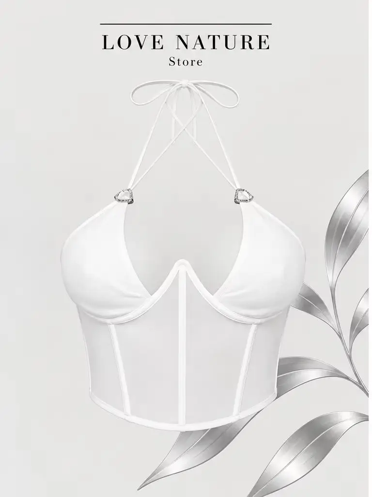 【LOVE NATURE Store】Women's Sexy White Corset Crop Top, Halter Neck Deep V Bustier with Mesh Detail