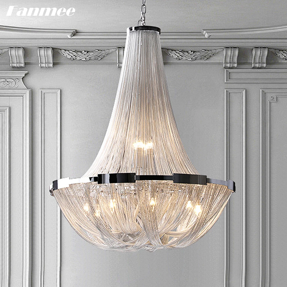 

Silver Chain LED Chandelier Lighting Modern Chrome Round Grand Pendant Chandelier Home Decor Living Room Hallway Lustre Lamp