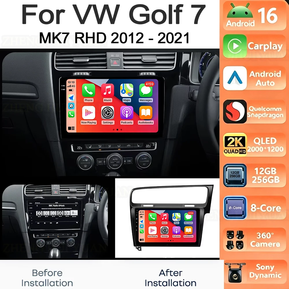 Android 16 For Volkswagen VW Golf 7 MK7 GTI 2012 2013 -2020 Carplay Auto 2K Screen Car Radio Multimedia Player WIFI 4G DSP RDS D