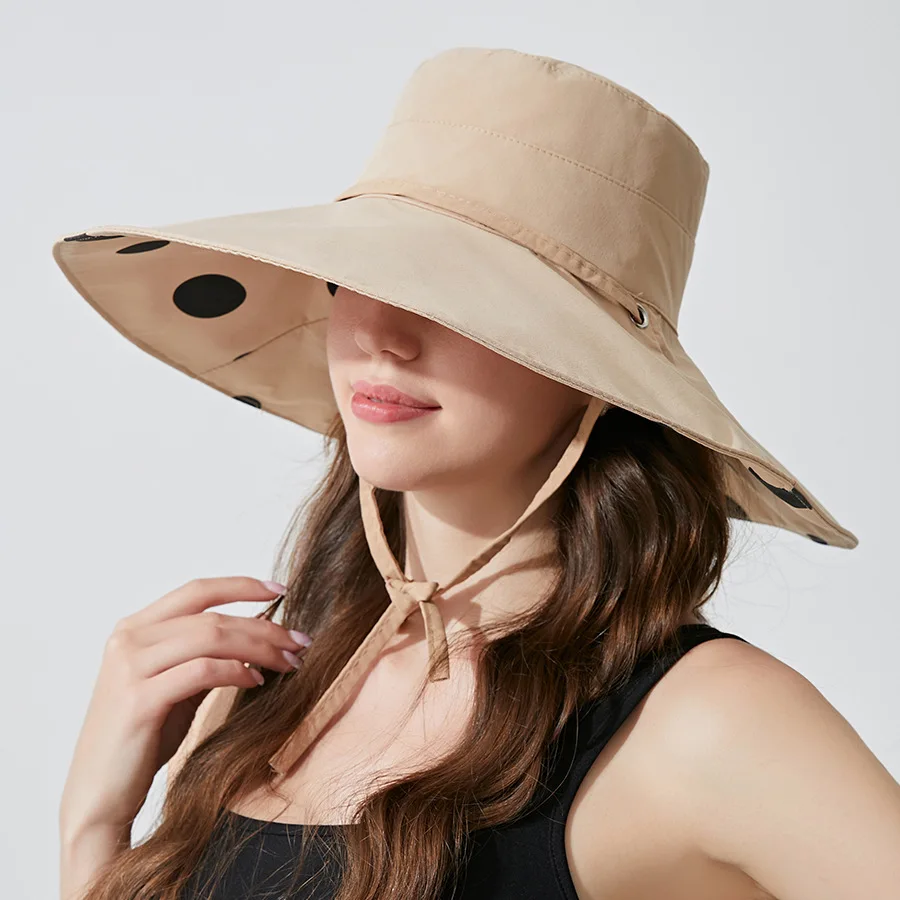 

Summer Hat Women Double sided Fisherman Cap Large Brim Sunscreen Sun Hat Female Dot Pattern Sunhat New Cotton Foldable