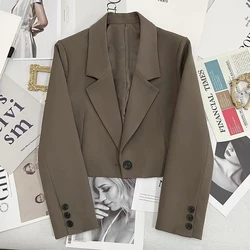 Korean Suit Jacket Women Short Loose Elegant Fashion Long Sleeve Single Button Suit Outwear Casual Solid Basic Simple Coat