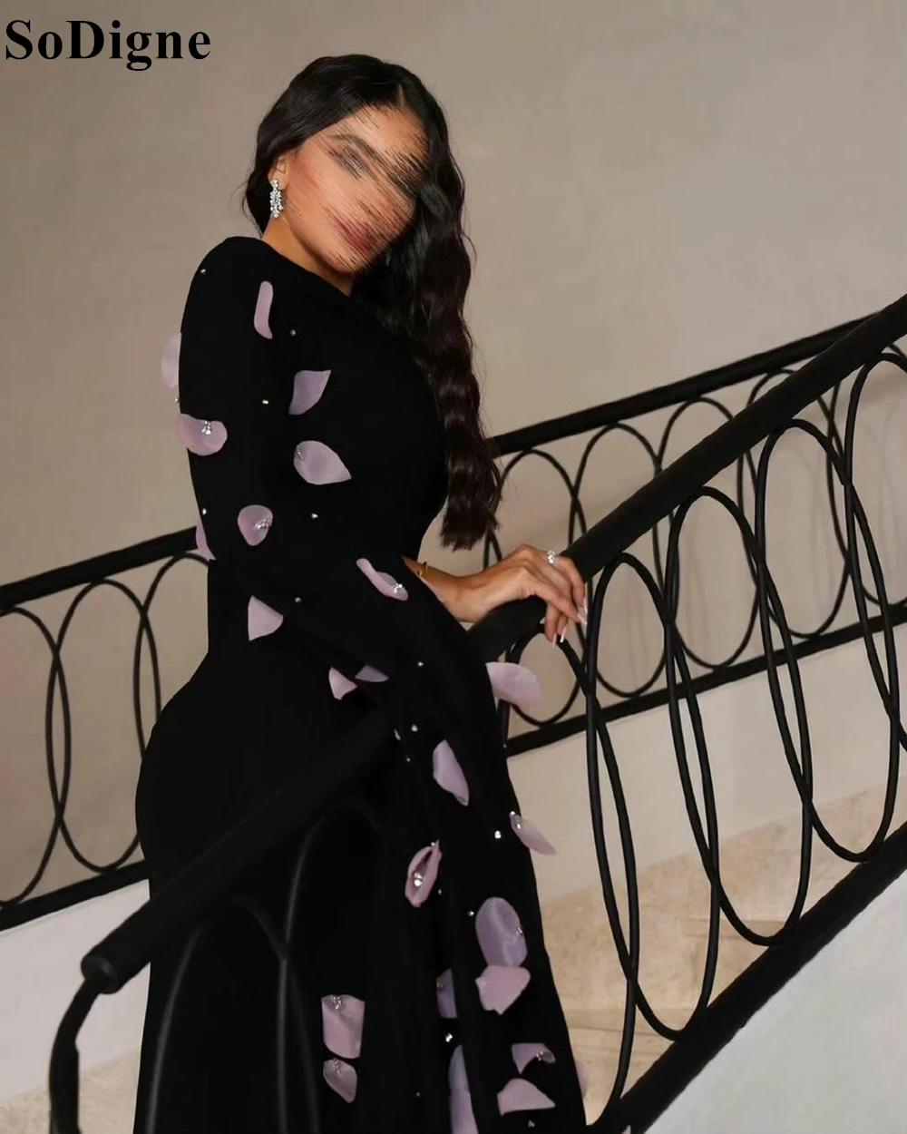 SoDigne Elegant Black Evening Dresses Long Sleeves Floral Appliques Mermaid Modest Party Dress 2024 Formal Occasion Prom Gowns