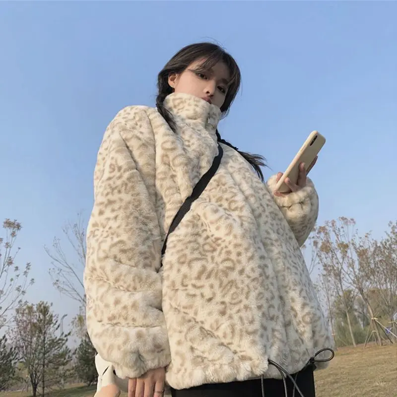 2024 New Autumn Winter Korean Version Loose Leopard Short Imitation Rabbit  Imitation Thick Female Fur Lined Coat Winter Coats