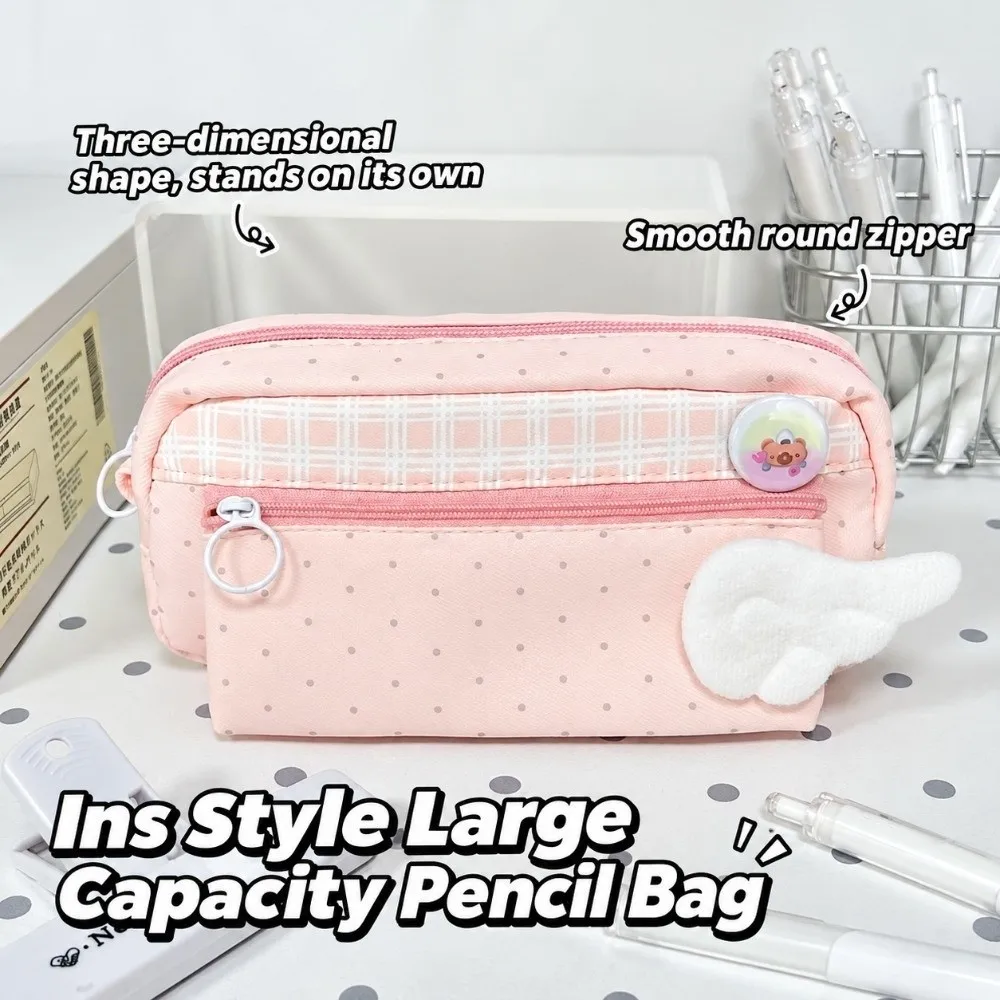 Cute Polka Dot Print Pencil Pouch Plaid Splicing Large Capacity Pen Bag Multi Compartment Stationery Storage Bag Gift