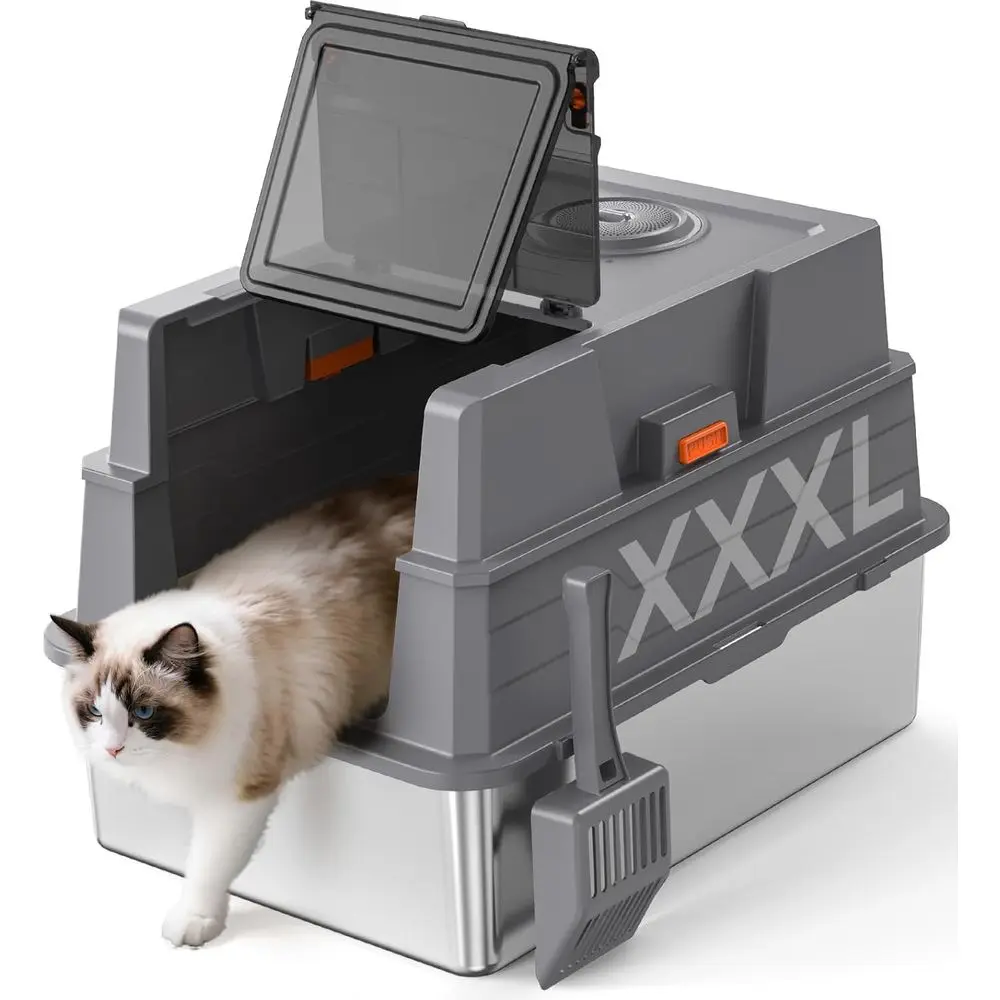 Extra Large 28x20.5x16.5 Stainless Steel Litter Box with Lid for Multi-Cat Families - Easy Clean, Non-Stick, Leak-Proof Gray